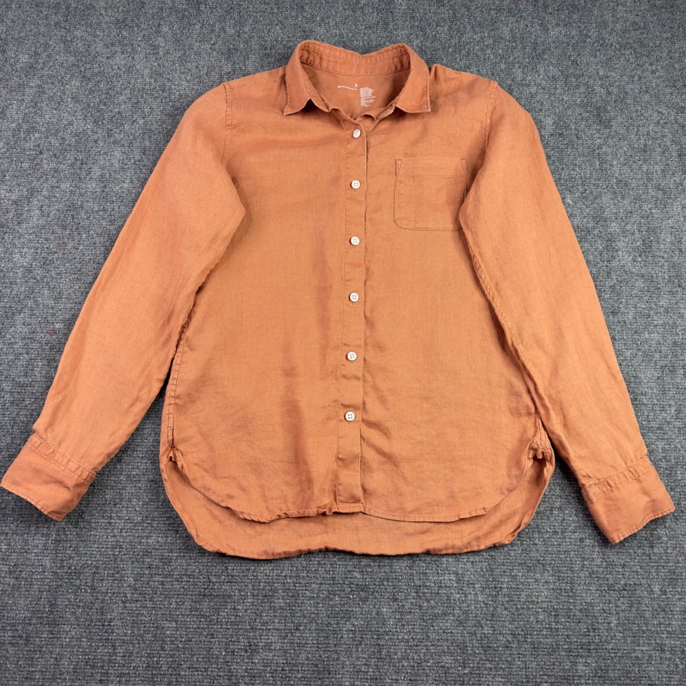 MUJI Shirt S Orange Rust Linen Button Coastal Relaxed Minimalist Parisian Earthy